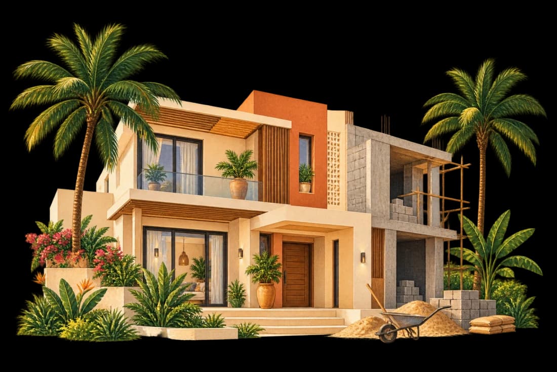 Maison familiale et palmiers