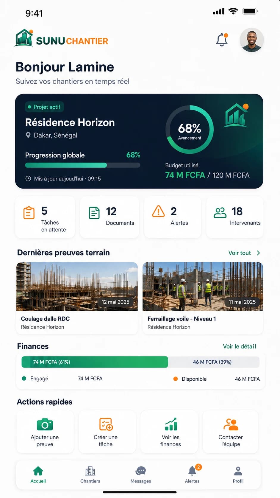 Tableau de bord mobile SunuChantier